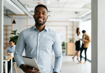 Portrait of a confident businessman holding a tablet in a modern office, smiling with his colleagues working in the background