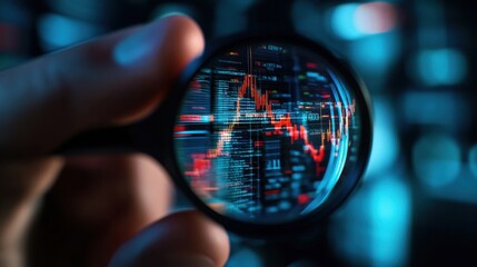 Poster - A hand holding a magnifying glass reveals a digital stock market chart with fluctuating lines, symbolizing financial analysis and market trends.