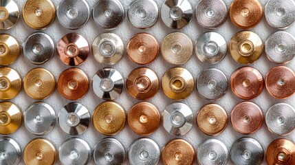a close-up view of an array of metallic screw heads, nuts, and rivets in various copper and silver s