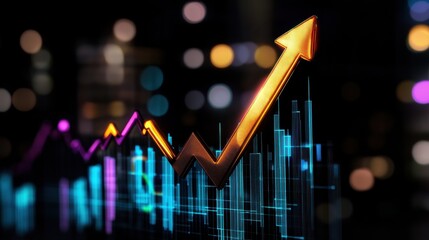 Poster - A colorful graph with an upward trend, symbolizing growth and progress in business or finance against a blurred city backdrop.