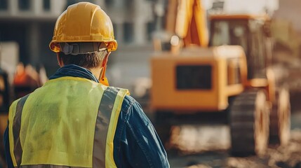 Fototapete - Workers at a construction site equipped with PPE, ensuring safety while operating heavy machinery. 