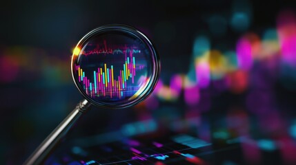 Leinwandbilder - A magnifying glass focuses on colorful financial data, highlighting trends and insights in a digital environment.