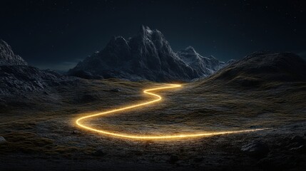 Poster - A winding, illuminated path traverses a dark, mountainous landscape under a starry night sky, creating a mystical and serene atmosphere.
