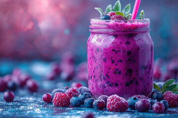 Canvas Print - Healthy choice: refreshing smoothie with greens and berries, colorful background