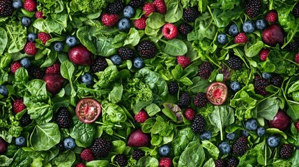 Poster - A repeating pattern of nutritious foods such as leafy greens, berries, and grains, creating a vibrant background. 