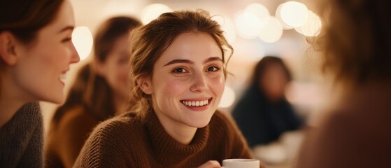 Wall Mural - smiling woman enjoying a warm beverage in a cozy setting