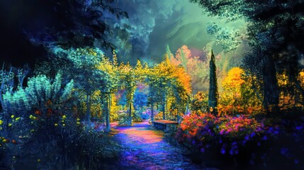 Poster - A path through a vibrant, dreamlike forest with a bench and blooming flowers.
