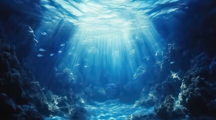 Poster - A deep blue sea scene beneath, sunlit waters streaming above, fish swimming at the ocean floor