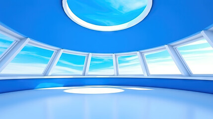 Poster - A large, wide open hall or room, with a big windows and view