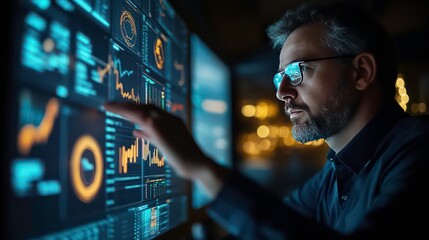 Poster - A businessman in glasses analyzes data on a large screen in a dark room.