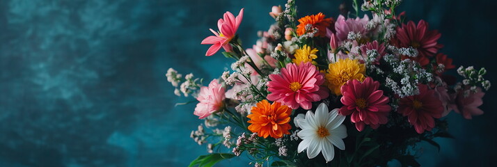 Wall Mural - Bright bouquet of colorful spring flowers including chrysanthemums and lilies, arranged artistically in a vase, symbolizing good fortune and health for the New Year. Horizontal banner with copy space