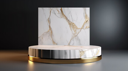 Poster - White marble pedestal with gold in the studio room, mockup stand for presentation.