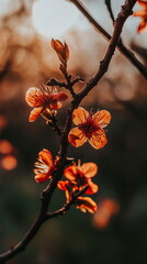 Wall Mural - A close-up view of vibrant red plum blossoms blooming on a branch, symbolizing resilience and hope, set against a blurred background of a sunny garden during spring. Vertical social media footage