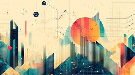 Poster - Abstract geometric cityscape with a large orange sun and a blue sky, featuring a futuristic design.
