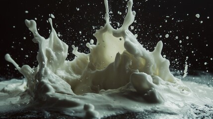 Poster - Milk splash action studio setting high-speed photography dark background creative concept for dynamic visuals