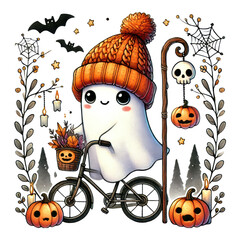 Wall Mural - Adorable Cartoon Ghost Riding Bicycle Surrounded by Halloween Decor, Pumpkins, Bats, and Spiderwebs - Perfect for Seasonal Celebrations and Festive Decor