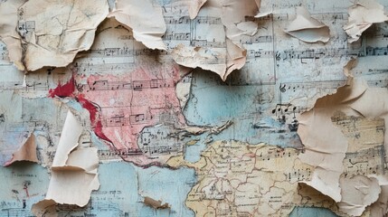 Poster - A vintage map of the Caribbean with peeling paper revealing music notes.