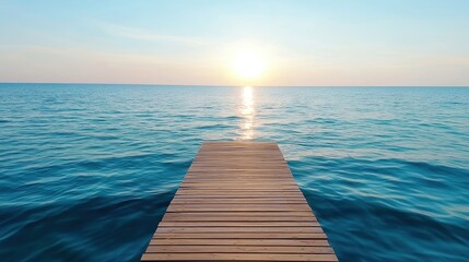 Wall Mural - A serene sunset over a tranquil ocean, viewed from a wooden pier extending into calm waters.