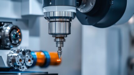 Poster - A closeup of the milling spindle attached to the robotic arm finishing off cutting the aluminum gear case, isolated on a white background