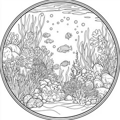 Canvas Print - An aquarium scene with coral reefs and sea life, coloring page for kids, simple outline illustration. Coloring book, simple lines.