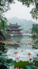 Wall Mural - A scenic view of a tranquil pond surrounded by blooming lotus flowers, representing peace and harmony, often featured in traditional Chinese art during celebrations. Vertical social media footage