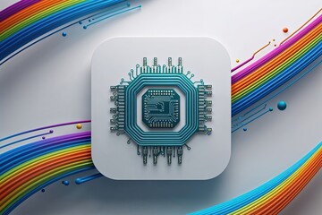 Poster - Vibrant 3D Bold Icon with Detailed Circuitry and Colorful Flowing Graphics on White Background