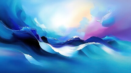Wall Mural - vibrant abstract waves in shades of blue, purple, and white against a soft, ethereal background.