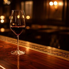 A glass of red wine sits on a dark wooden bar counter, with a blurred background of a dimly lit bar, wine glass, luxury hotel bar, dim lighting, elegant, sophisticated, art deco, geometric patterns, w