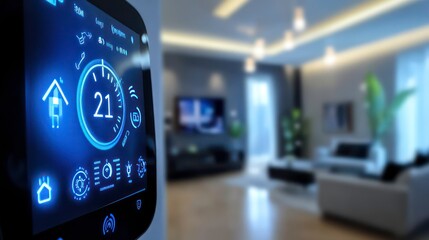 Poster - A close-up of a smart home control panel with a blurred living room in the background. The screen displays the current room temperature, 21 degrees, and various other smart home functions.
