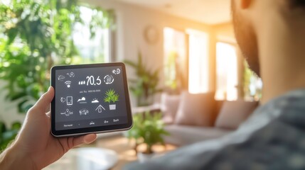 Poster - A man's hand holding a tablet, displaying a smart home interface, in a living room with a couch and plants in the background.