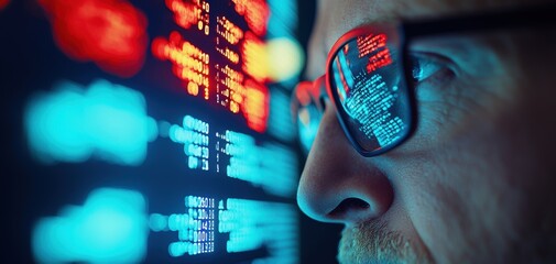 Aufkleber - Human Resources Analytics concept. A close-up of a person wearing glasses, reflecting colorful data and code on their lenses, illustrating a theme of technology and analysis.