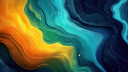 Wall Mural - Colorful abstract waves in blue, orange, and green hues, creating a mesmerizing and dynamic visual flow.