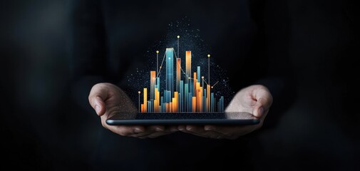 Leinwandbilder - Human Resources Analytics concept. A person holds a smartphone displaying vibrant data visualization, featuring colorful bars and graphs against a dark backdrop.