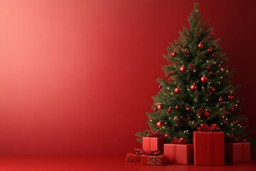 Minimalist style Christmas tree with gifts on a red background, 3D rendering, close-up, high-resolution.