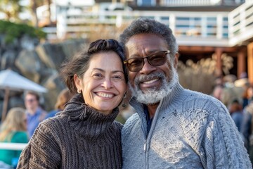 Wall Mural - Portrait of a smiling multiethnic couple in their 50s dressed in a warm wool sweater over bustling beach resort background