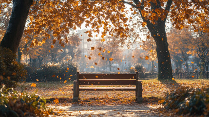 Wall Mural - Calming Background Illustrating A Peaceful Park Setting, With A Stone Bench Under A Large Tree, Surrounded By Soft Light And Falling Leaves, Inviting Quiet Reflection