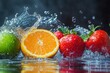© KingN - Fruits splashing into the clear water. Fresh fruits