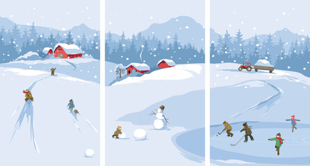 Wall Mural - Fun winter games for children -- sledding and skating, Christmas time. Abstract winter rural landscape with old village. Freehand drawing, set of three vector illustrations, triptych.	