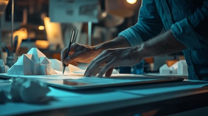 Poster - Creative design process architectural model making studio workspace digital art evening atmosphere close-up viewpoint innovation insights