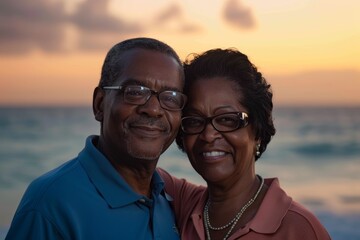 Wall Mural - Portrait of a satisfied afro-american couple in their 40s donning a classy polo shirt in stunning sunset beach background