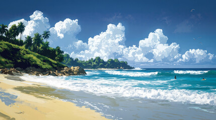 Wall Mural - Wallpaper Featuring An Illustration Of A Beach Scene With Surfers In The Distance, Set Against A Bright White Background For A Clean Look