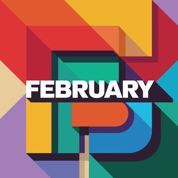 Vibrant geometric artwork featuring the word February in bold typography