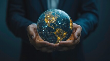 Aufkleber - A businessman holds a glowing glass earth globe in his hands.