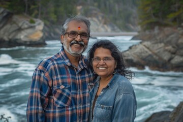 Wall Mural - Portrait of a jovial indian couple in their 40s dressed in a relaxed flannel shirt while standing against rocky shoreline background