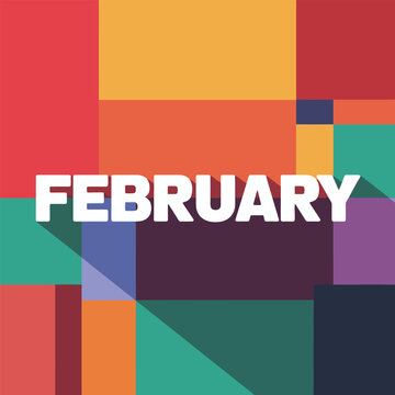 Vibrant geometric design featuring the word February with overlapping multicolored shapes