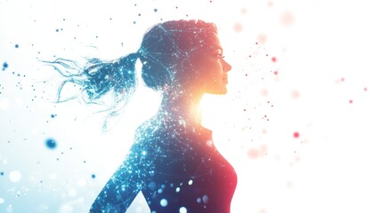 Poster - A futuristic woman with glowing quantum energy surrounding her body,