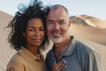 Wall Mural - Portrait of a blissful multicultural couple in their 40s donning a classy polo shirt while standing against serene dune landscape background