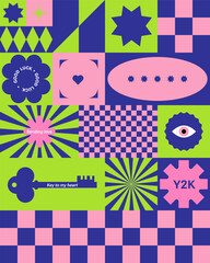 Wall Mural - trendy geometric y2k composition. maximalism style. simple abstract shapes. vector pattern. checker 