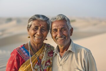 Wall Mural - Portrait of a joyful indian couple in their 70s wearing a simple cotton shirt in front of serene dune landscape background