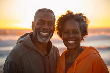 Wall Mural - Portrait of a smiling afro-american couple in their 40s sporting a comfortable hoodie over vibrant beach sunset background